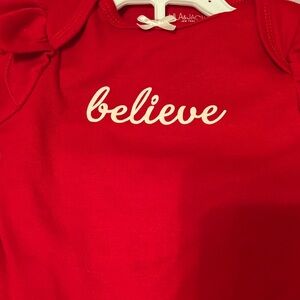 Red Winter Holiday Christmas “believe” Baby Onesie with Striped Pants and Bow